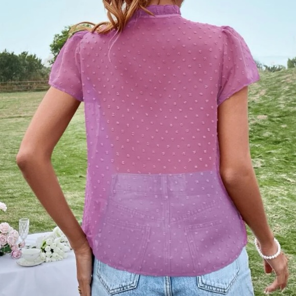 Boho redwood Swiss dot tie neck puff sleeve blouse - Picture 7 of 15